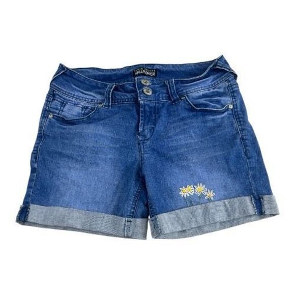 Wallflower Women Blue Denim Shorts Juniors Size 7 Embroidered Cuffed Stretch - Picture 11 of 12